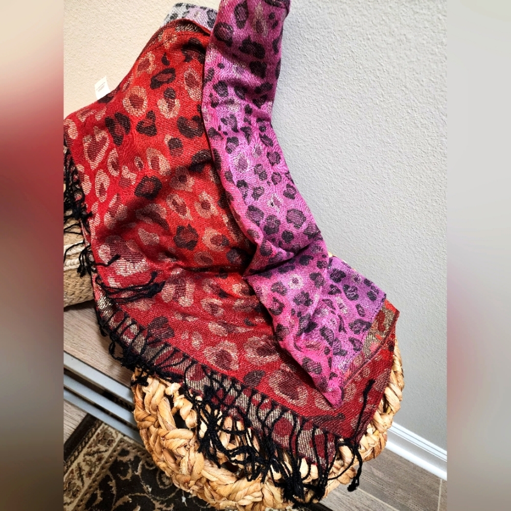 SCARF PURPLE & ORANGE OMBRE METALIC CHETTA PRINT FRINGE SCARF